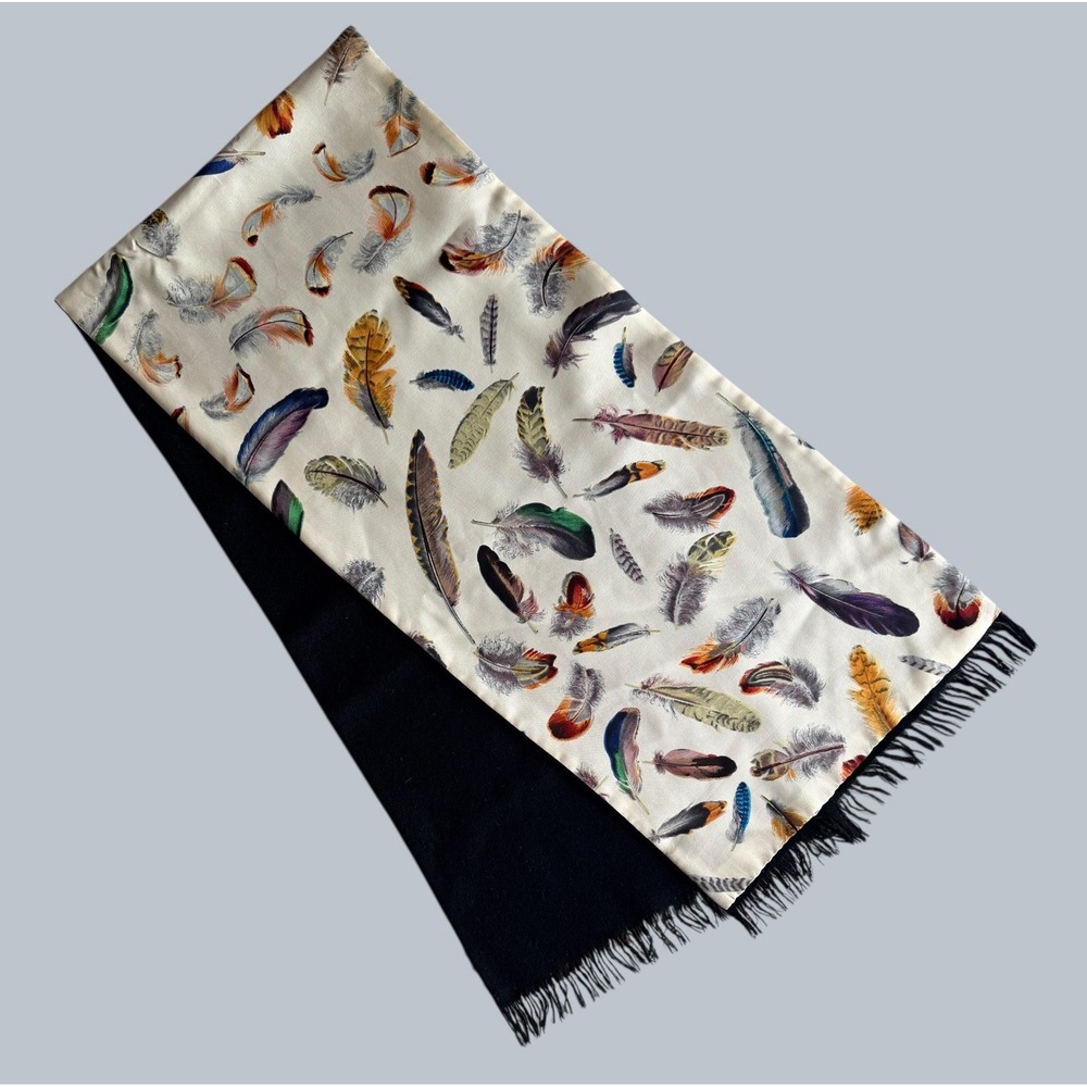 Hermès Feather Plume Print Silk & Cashmere Double-Sided Stole Scarf Vintage 90's - Picture 6 of 11